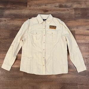 Green Bay Packers Button-Up Shirt Linen Cotton XL Ivory Roll-Tab NFL Patches